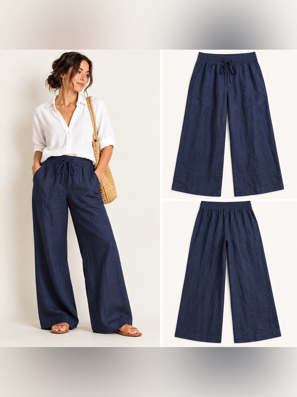 Eileen Fisher Organic Linen Wide Leg Drawstring Pants Navy S